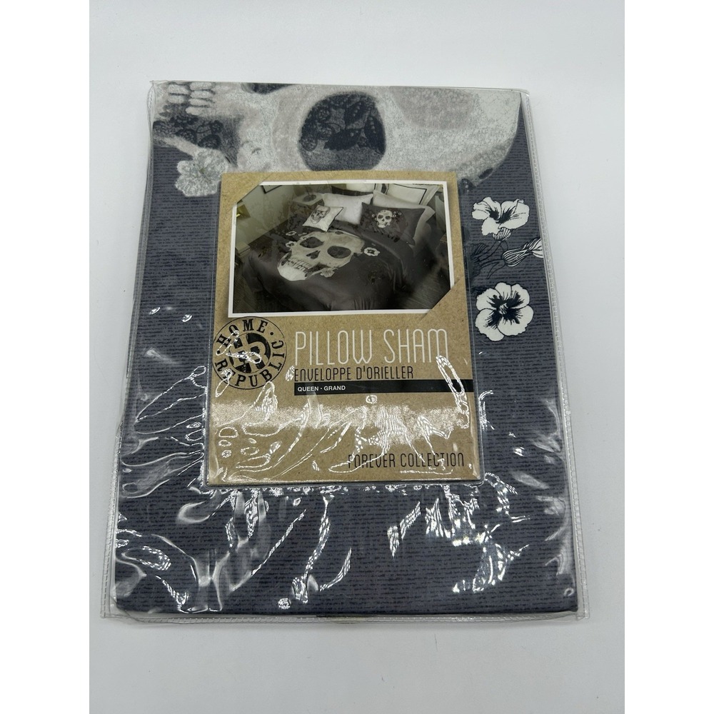 Sugar Skull Queen Pillow Sham Home Republic Forever Collection Grey Gray White